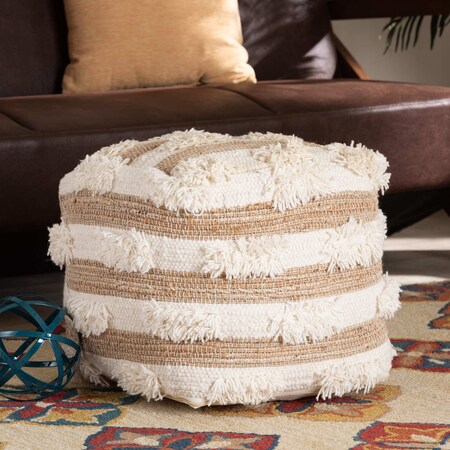 Baxton Studio Basque Contemporary Moroccan Inspired Natural and Ivory Handwoven Wool Blend Pouf Ottoman 191-11650-ZORO